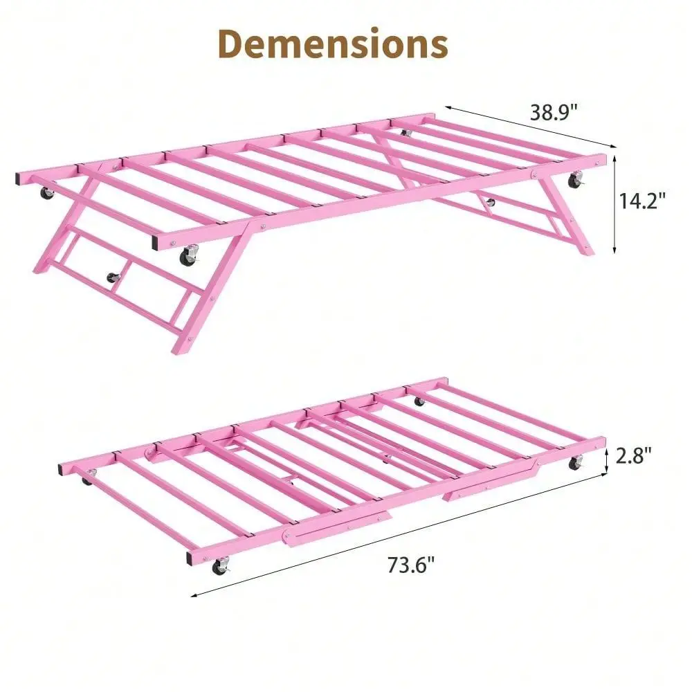 Metal Trundle Bed Frame With Lockable Casters Twin Size Platform, Easy PopUp RollOut, Steel Slats Support, NoiseFree Design, Pe
