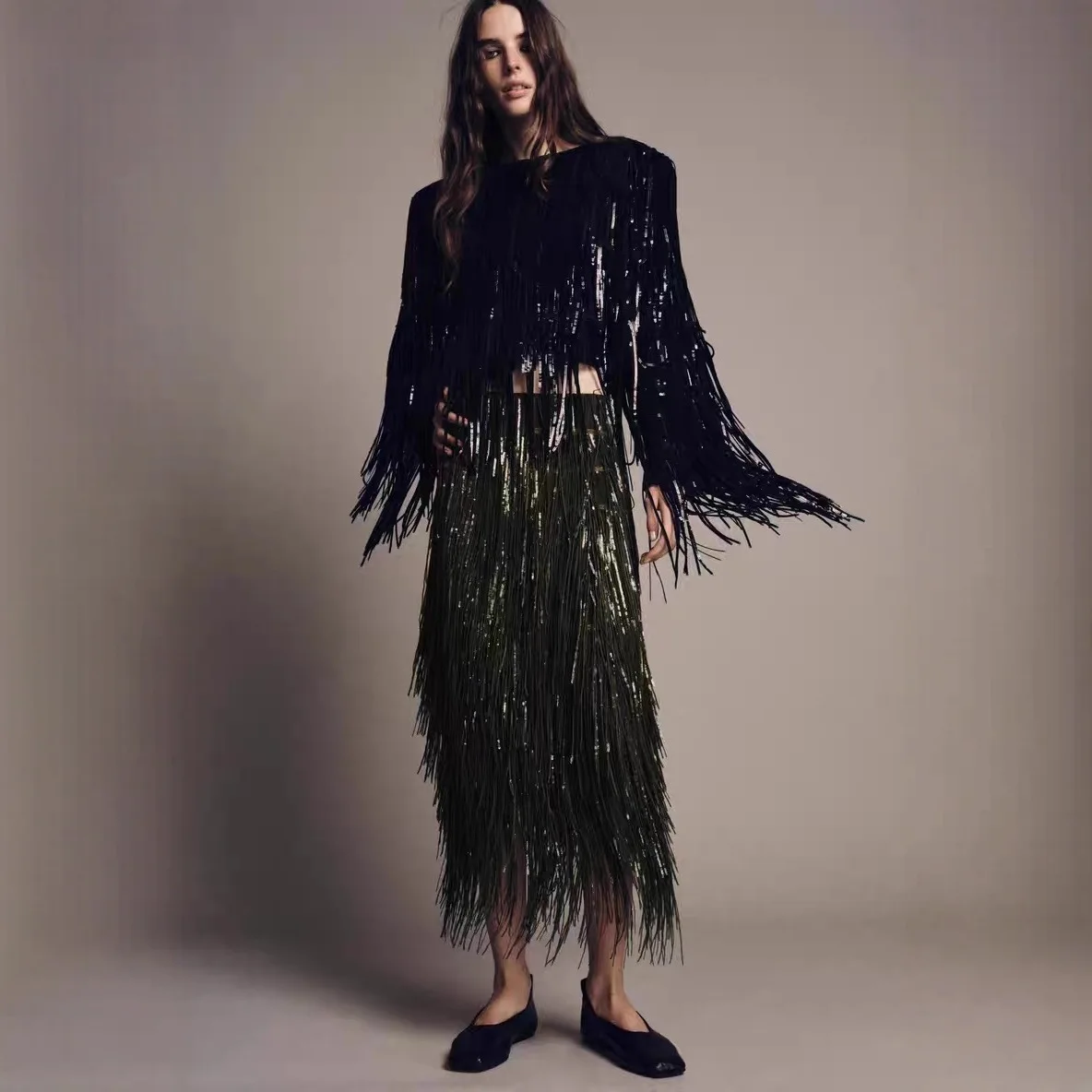 Women Elegant Tassel Sequin Irregular Long Skirt High Waist A-line Solid Chic Casual Skirts Lady Shiny Street Party Skirt