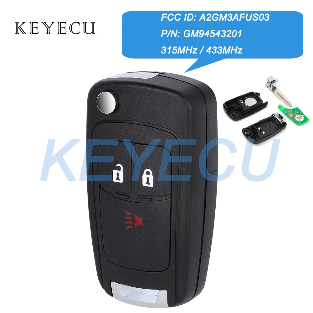 Keyecu A2GM3AFUS03 GM94543201 315MHz/ 433MHz ID46/ 8E Chip 3 Buttons Flip Remote Key Fob for Chevrolet Spark 2013 2014 2015 2016