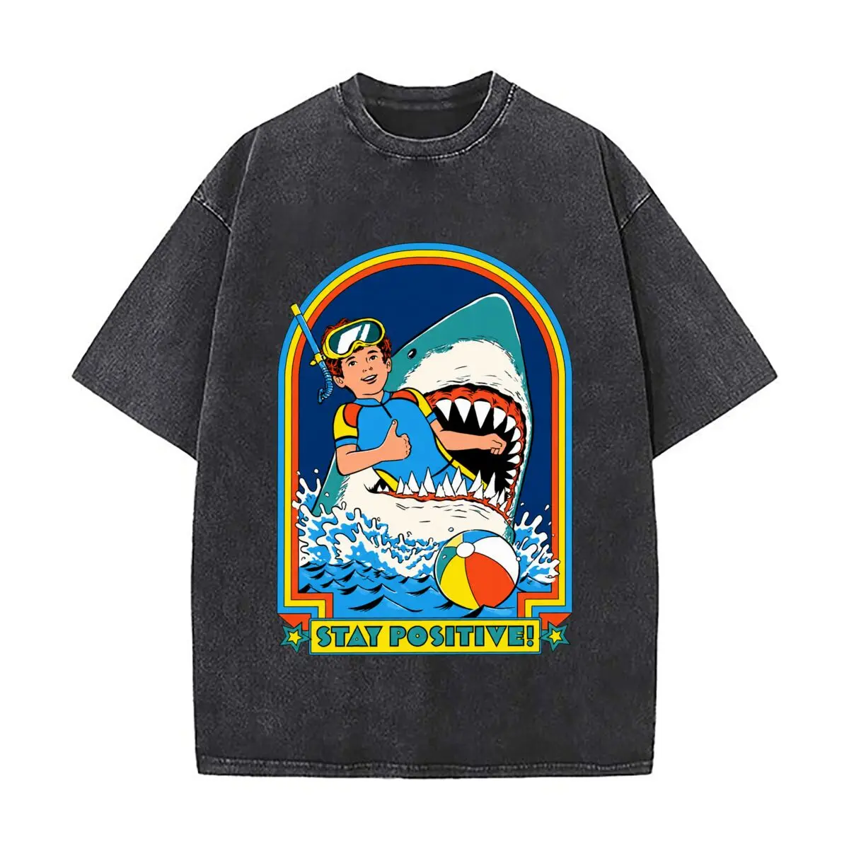 Stay Positive Shark Snorkeler Ocean Waves Beach Ball Washed Vintage Short Sleeve Loose Streetwear Tee