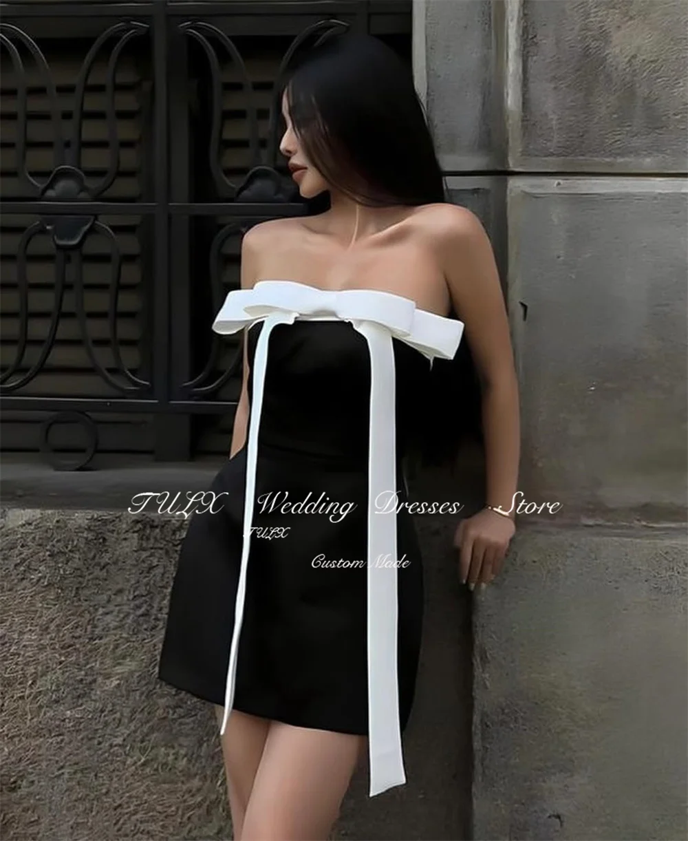 TULX-Mini robe de Rhen satin noir sans bretelles, ligne A au-dessus du genou, nœud court, robe de soirée formelle, sur mesure