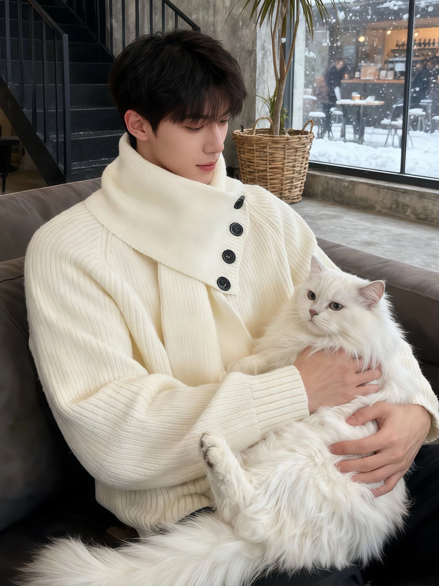 Men's 2025 Autumn Winter New Detachable Scarf Knitted Sweaters Solid Color Half Turtleneck Knitted Tops Male Handsome Knitwears