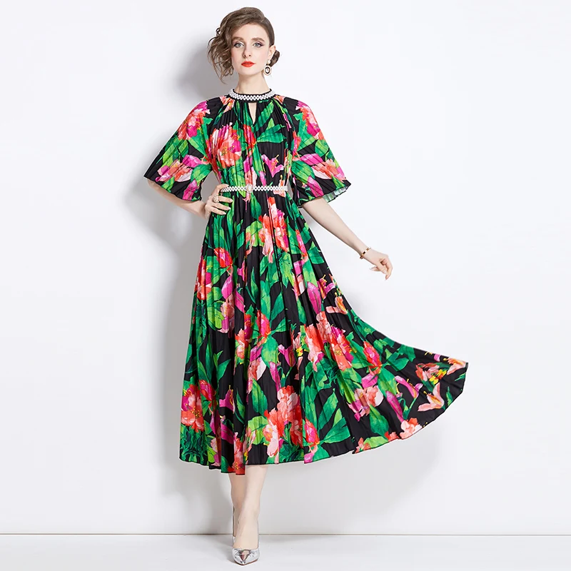 

Miyake Pleated Gorgeous Flower Holiday Long Dress New 2024 Summer Women Beaded Stand Collar Short Sleeve Loose Belt Vestidos