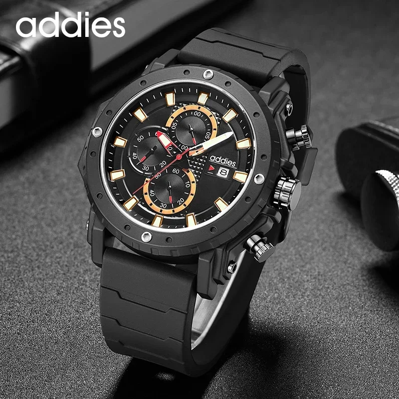 Addies Men\'s Wristwatches Quartz Sports Chronograph Watch for Male 5 ATM Waterproof Hand Clock Casual Silicone Strap Watches