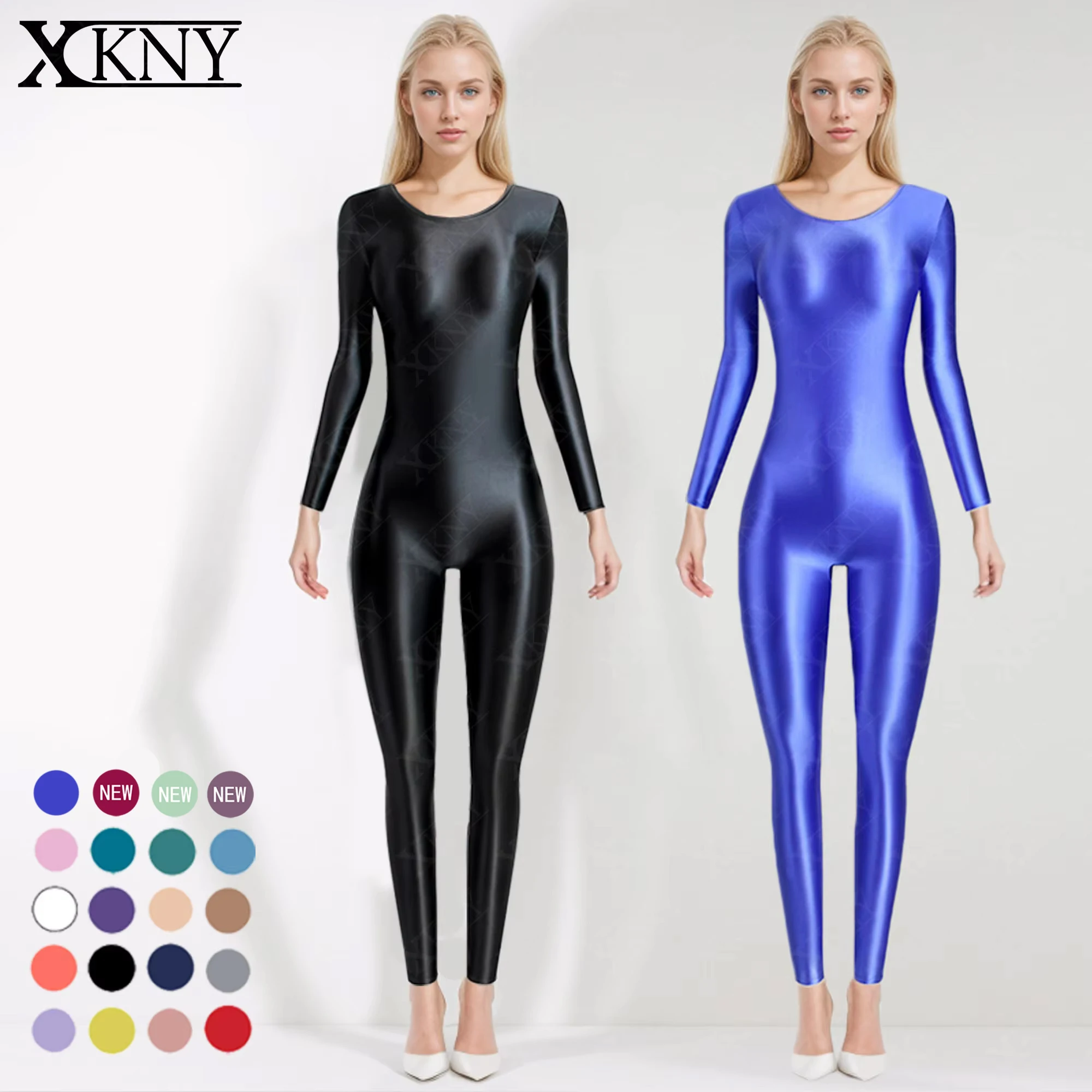 

XCKNY glossiness series tights smooth oil round neck long sleeve tights satin glossy BODYSUIT silky Yoga Jumpsuit unisex tights