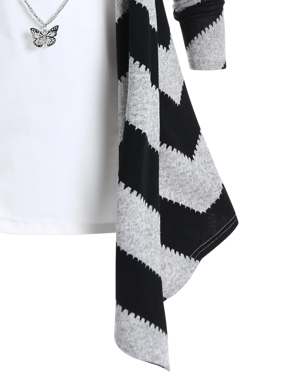 Womens Colorblock Chevron Graphic Faux Twinset Knit Top Mock Button Long Sleeve Asymmetric Knitted Top With Butterfly Chain