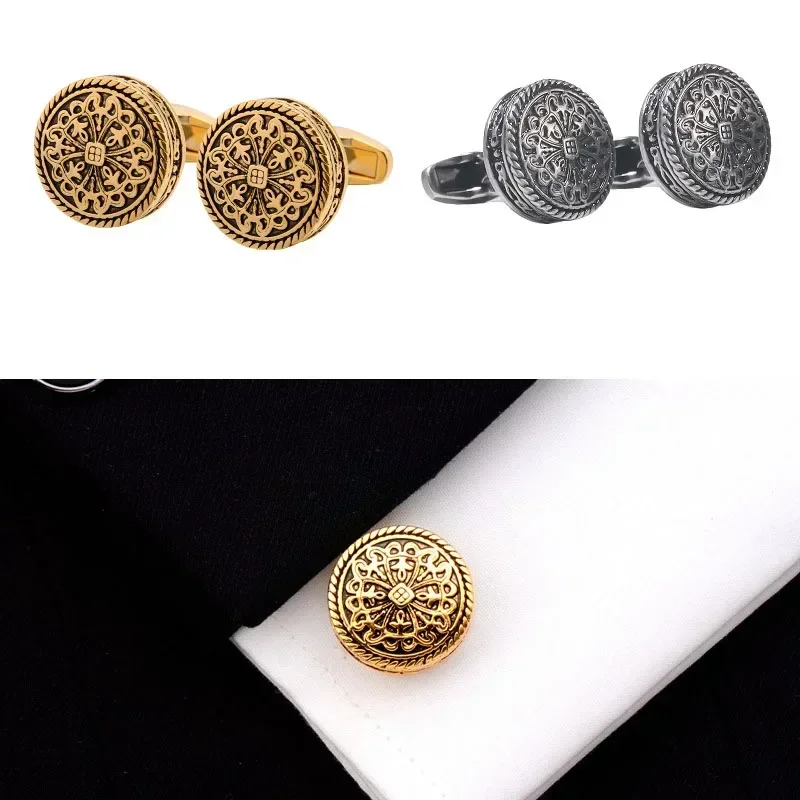 Carved Antique Gold Silver-color Greek Royal Pattern Cufflinks Banquet Suit Shirt French Cuff Links High-end Men's Jewelry Gifts