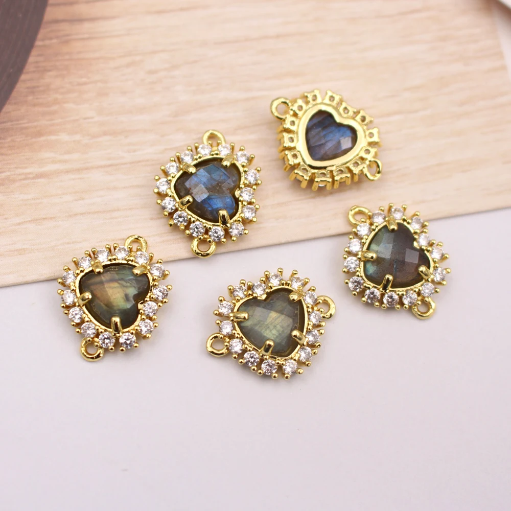 6pcs DIY Jewelry Accessories Faceted Heart Shape Natural Amazonite Quartz Stone CZ Pendant Linker Connectors for Necklace