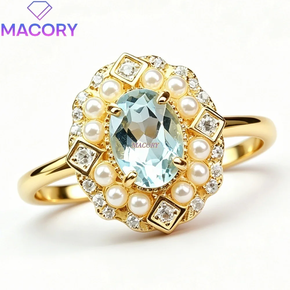 S925 Sterling Silver Natural Aquamarine Ring Classic Stylish Vintage Perfect for Valentine's Day Anniversary or Birthday Gift