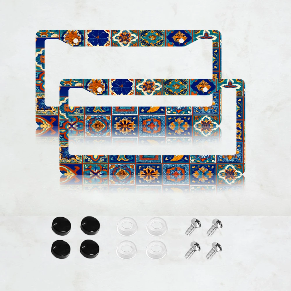 

2 шт. рамки для номерных знаков с 2 отверстиями, сине-оранжевый цветочный дизайн, алюминий, 6x12 дюймов, с винтами, стандартный размер для США и Канады
