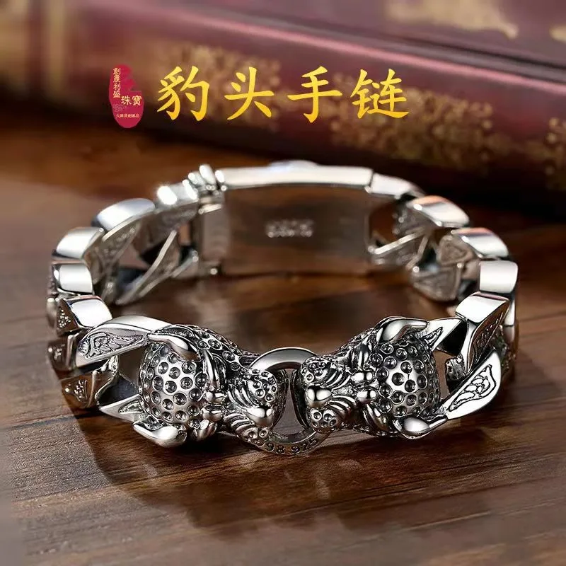 

Real S925 Sterling Silver Double Leopard Head Woven Bracelet, Motorcycle Overbearing Wristband Factory Price Gift for Men