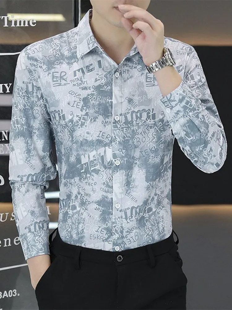 

High-End Men's Long-Sve Letter Print irt Casual Slim Fit Busin Personali Floral Patterned No-Ironing Required Fai...