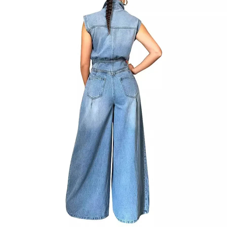 Jeans Denim One Piece Wanita Overall Tanpa Lengan Pinggang Tinggi Kerah Lipat Kaki Lebar Celana Panjang Romper Musim Panas 2025