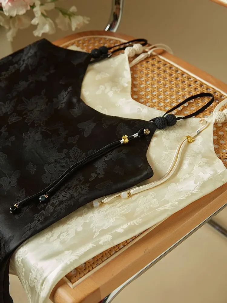 Jacquard Satin Silk Vest Women Retro Casual V Neck Suspensder Chinese Style Vintage Sleeveless Tops