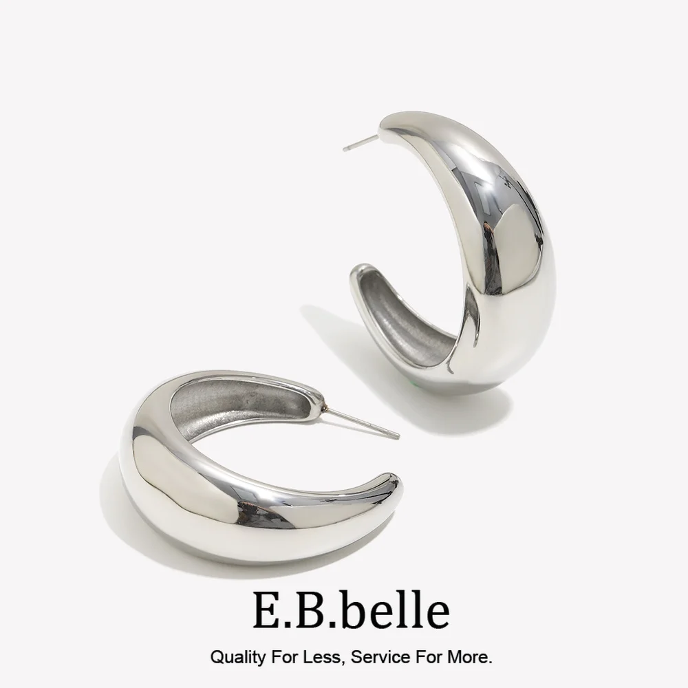 Pendientes de aro grandes de media luna lisa de 42 mm Color plata Accesorios de acero inoxidable 316L Pendientes de mujer chapados en oro de 18 quilates