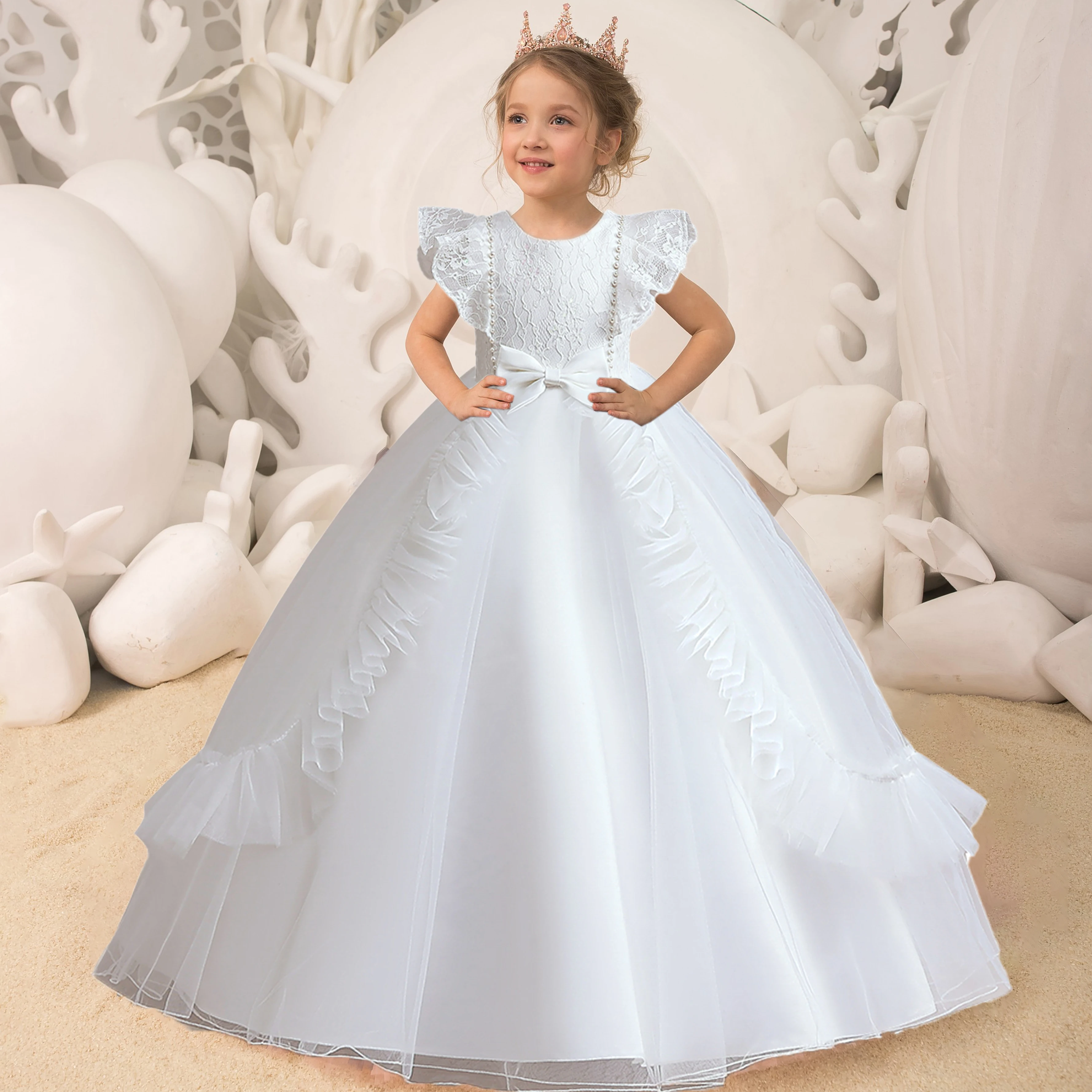 Summer Party Girls Princess Dresses Elegant Tulle White Wedding Prom Flower Kids Dress for Girl First Communion Bridemaids Gown