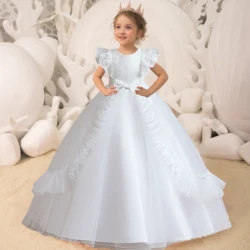 Summer Party Girls Princess Dresses Elegant Tulle White Wedding Prom Flower Kids Dress for Girl First Communion Bridemaids Gown