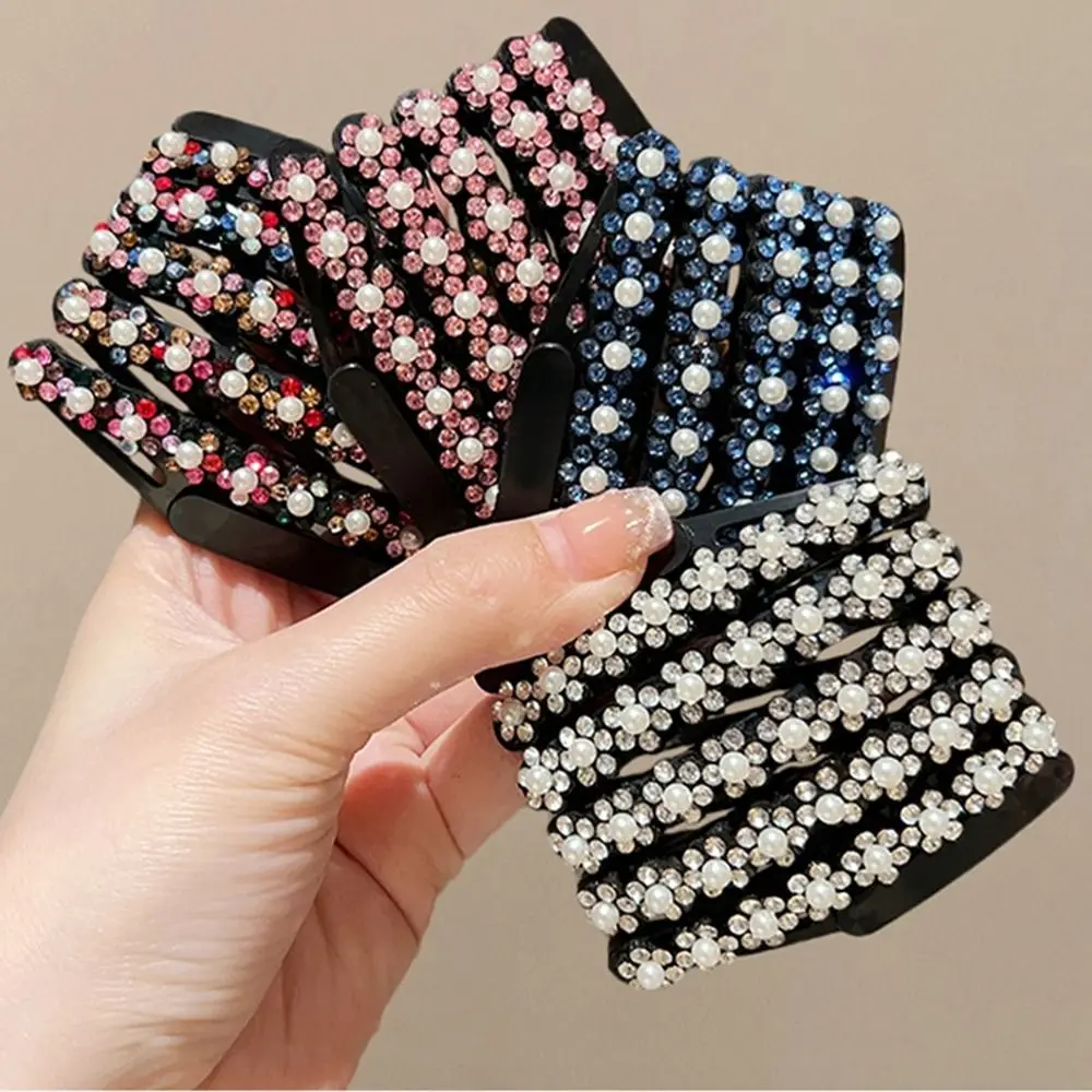 귀여운 접이식 라인스톤 머리띠 확장 가능한 꽃 진주 헤어 밴드 얇은 한국 스타일 머리 장식 메이크업