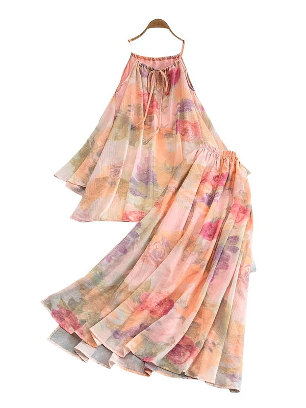 Conjunto de Falda y Csa con Estampado Romántico, Manga Campana, Cintura Alta, Falda Midi Evase de Media Longitud, Conjunto...