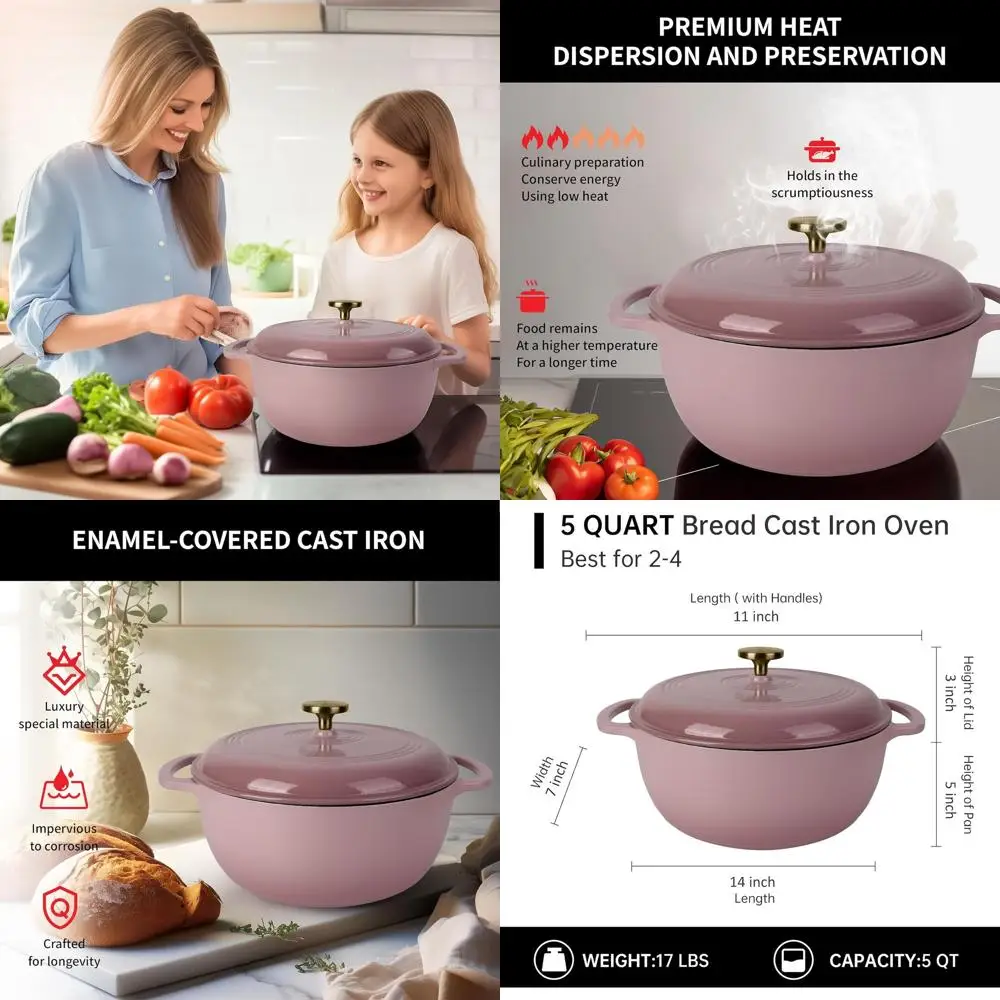 

Elegant Non-Stick Cast Iron Dutch Oven, 5.5 QT, Oval, Ideal for Sourdough & Artisan Breads, Pink