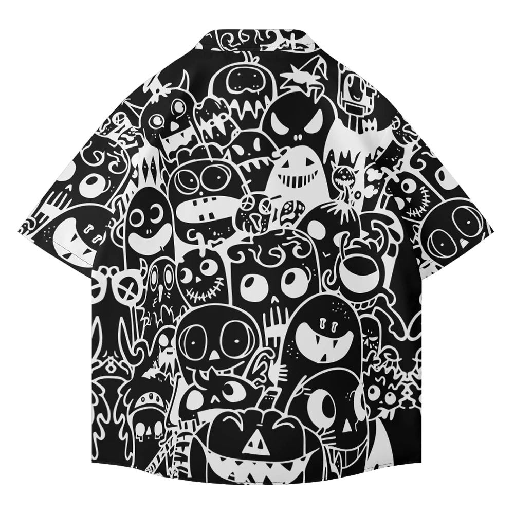 Black and white simple cartoon design summer men's short-sleeved shirt loose large size casual thin lapel top