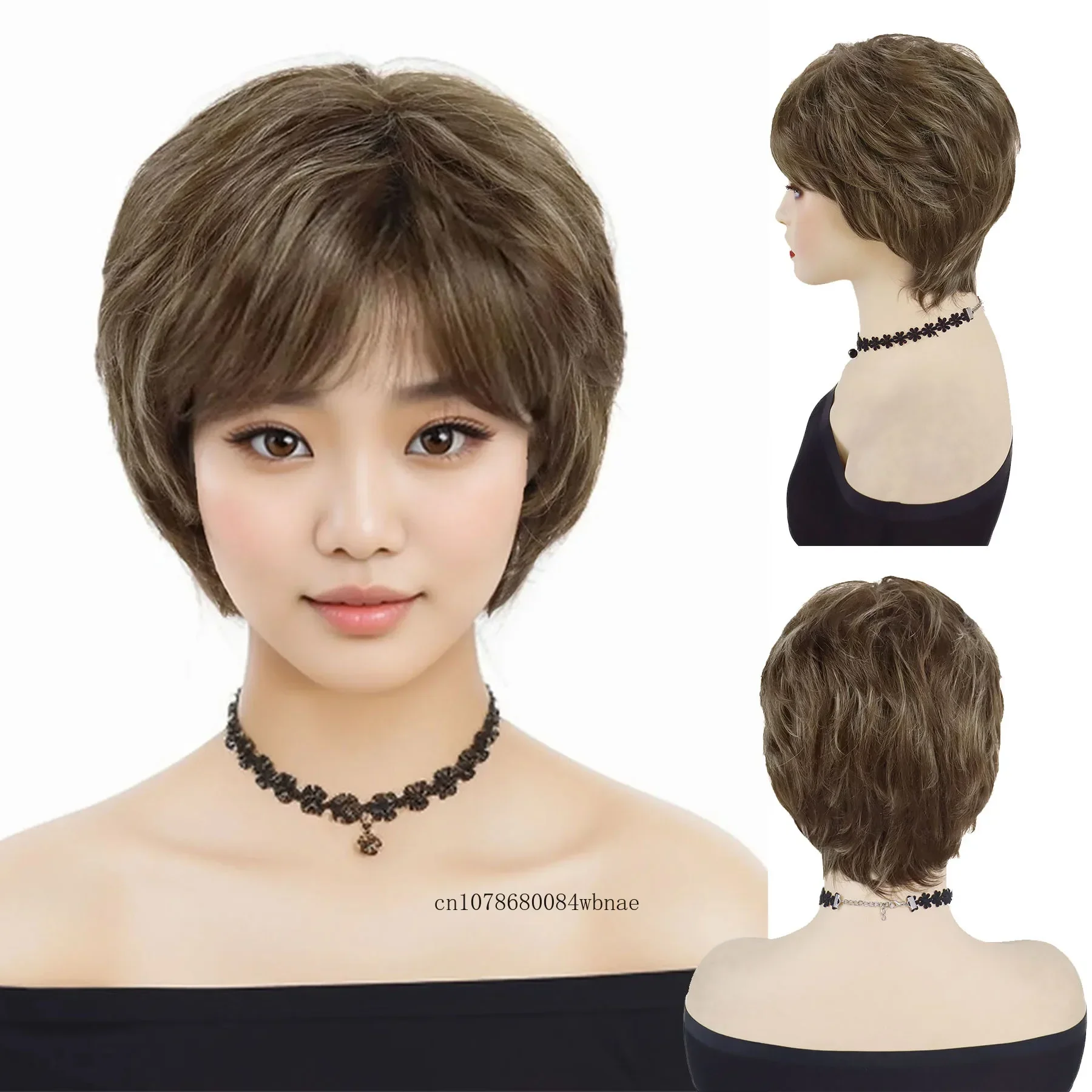 Synthetic Short Mix Brown Pixie Cut Wig for Women Lady Natural Wavy Mommy Wig with Bangs Daily Costume Hair Replacement Wigs