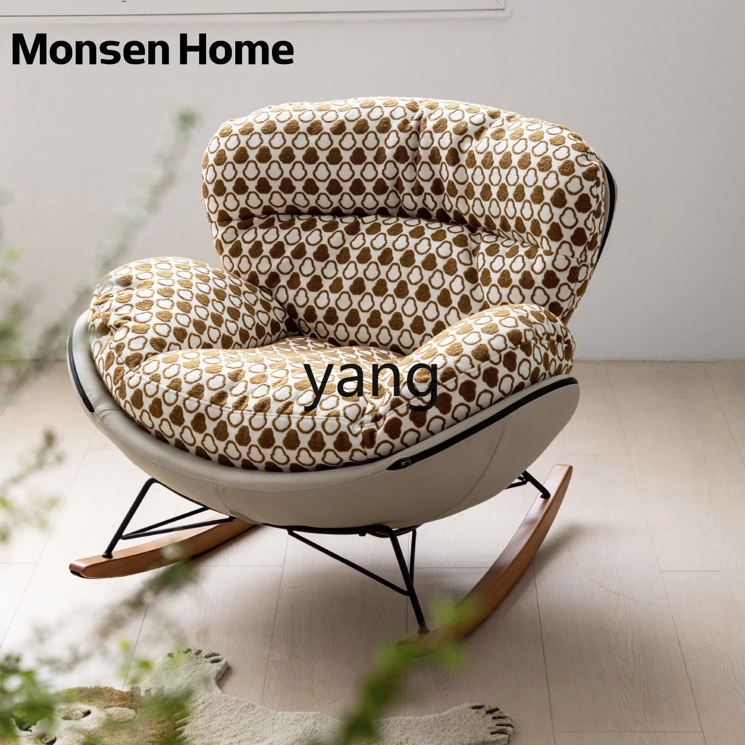 Lmm French fabric embroidery casual modern solid wood retro lazy home single rocking chair