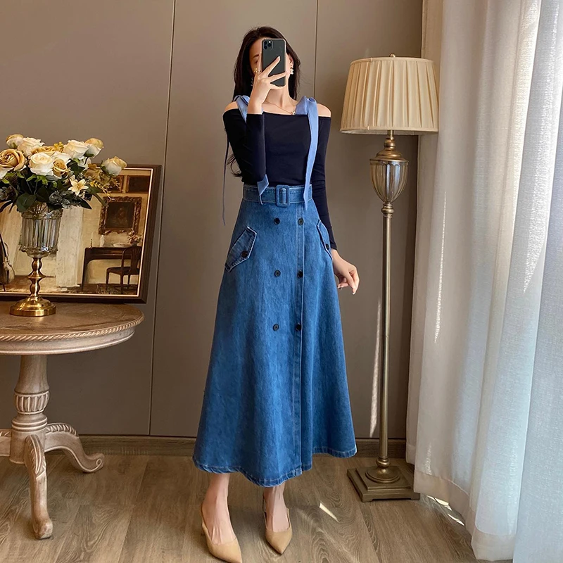 

Retro High Waist Slimming Double Button A-Line Midi Skirt Fashionable Umbrella Skirt Jeans Skirt Spring Autumn