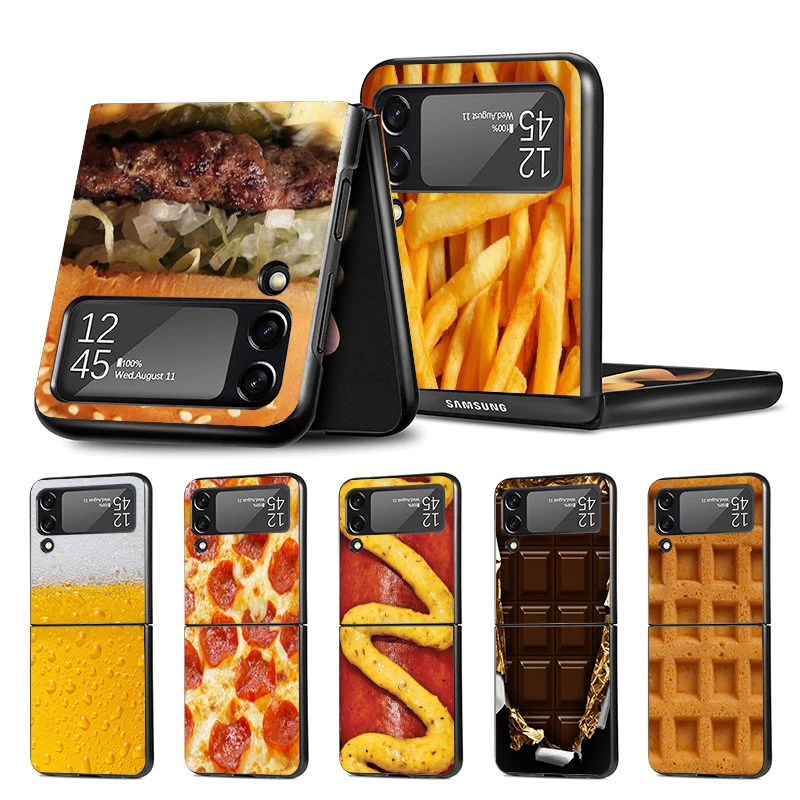 Comida patatas fritas cerveza queso Z Flip 6 Phnoe funda para Samsung Z Flip 6 5 4 5G carcasa dura negra Galaxy ZFlip4 ZFlip5 ZFlip6 ZFlip