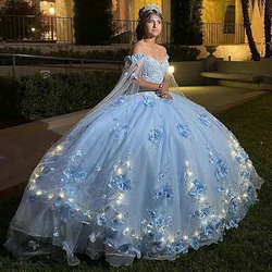 ANGELSBRIDEP Light Sky Blue Quinceanera Dresses With Cape 3D Handmade Flowers Appliqued Lace Vestidos De XV Años Customized