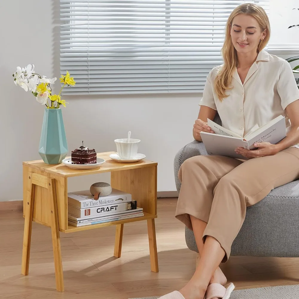 Meja Samping Tempat Tidur Bambu yang Dapat Ditumpuk, Nakas Kayu untuk Penyimpanan Kamar Tidur, Set 2 Buah