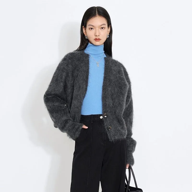 Xpqbb High Quality Imitation Mink Velvet Knitt Cardigan Women Autumn Short Loose Temperament Sweater Coat Casual V-neck Knitwear