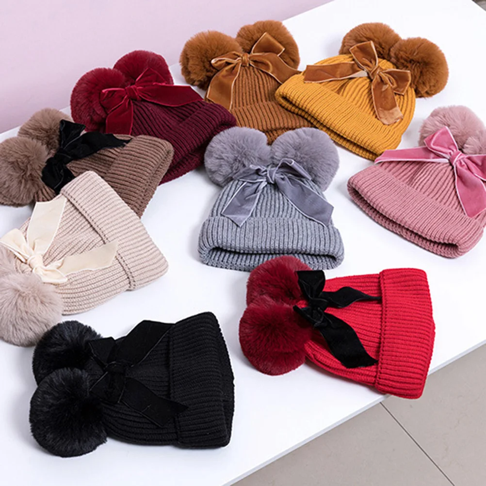 

Children Bow Knit Hat Kids Warm Cap Shower Gift Handmade Crochet Hat Elastic Design Comfortable Wear