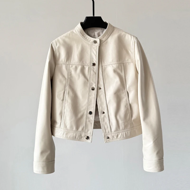 2025 ใหม่ 100% จริงหนังสั้นแจ็คเก็ตVINTAGE WAXหนังผู้หญิงปุ่มปิดO-คอA-Level Sheepskinเสื้อแจ็คเก็ตFemme