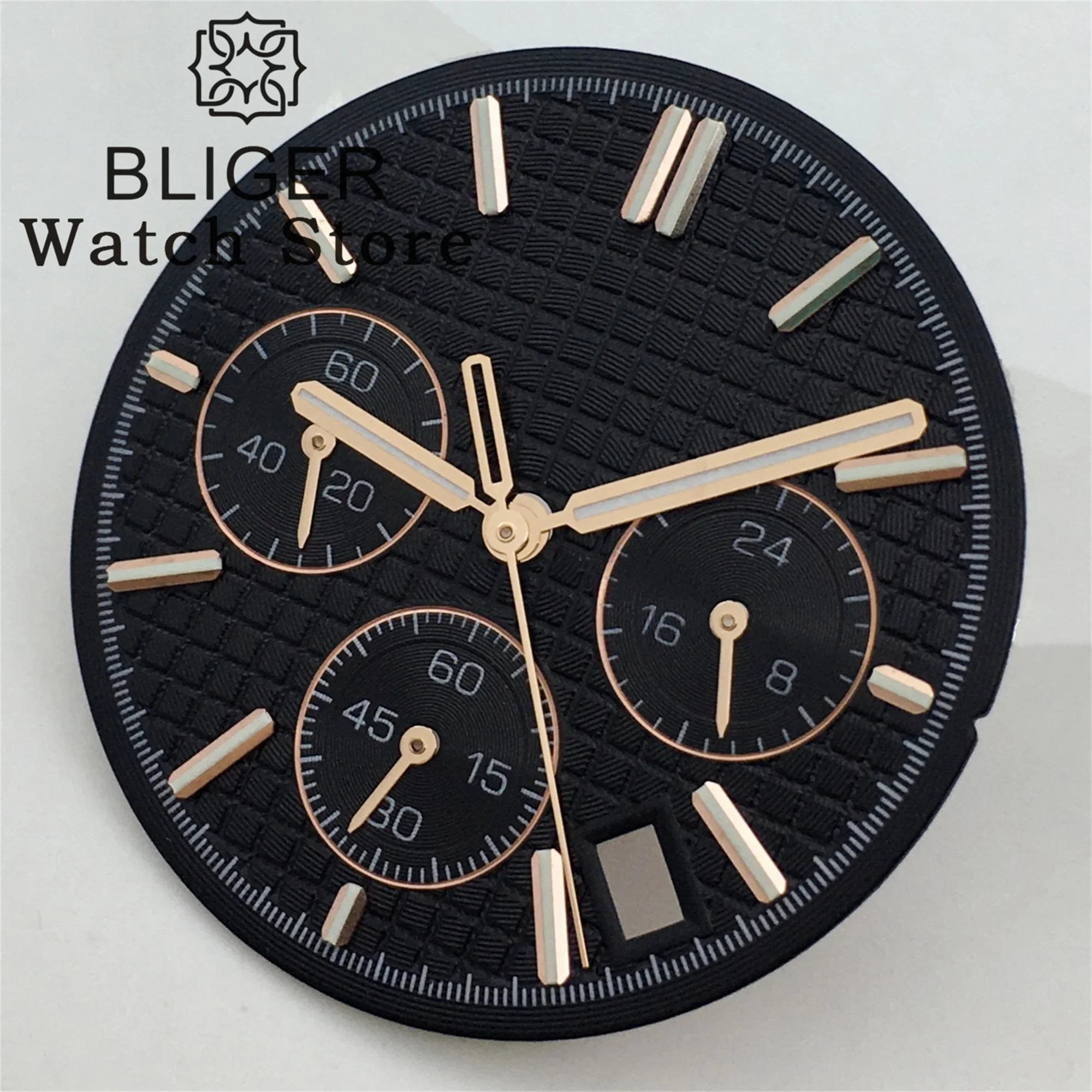 BLIGER 31.5mm VK63 Quartz Watch Black Dial Rose Gold index With Hands  Luminous Suitable For VK63 Movement Modified Watch Parts