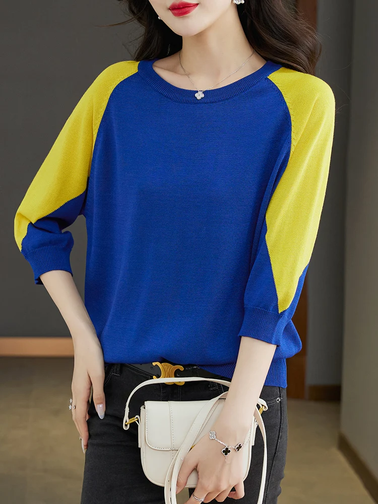

Patchwork Sweater Woman Spring Autumn Korean Fashion Pullover Femme Womens Clothing Half Sleeve Top Knitwear Sweaters
