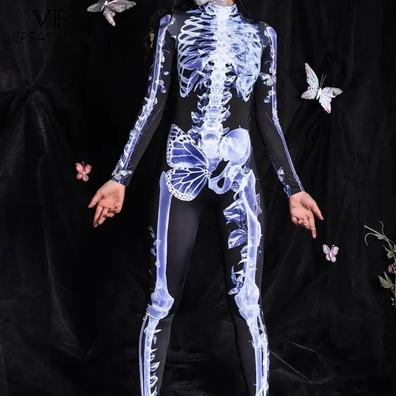 VIP FASHION X-ray Butterfly Skeleton Costume for Woman Halloween Catsuit Elastic Zentai Suit Ladies Burning Man Festival Outfit