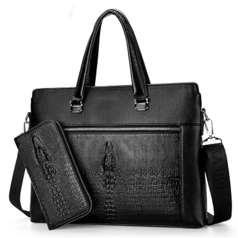 Borsa per laptop in vera pelle con motivo coccodrillo per uomo Valigetta multifunzionale in pelle di mucca Borsa da uomo d'affari nera o a tracolla