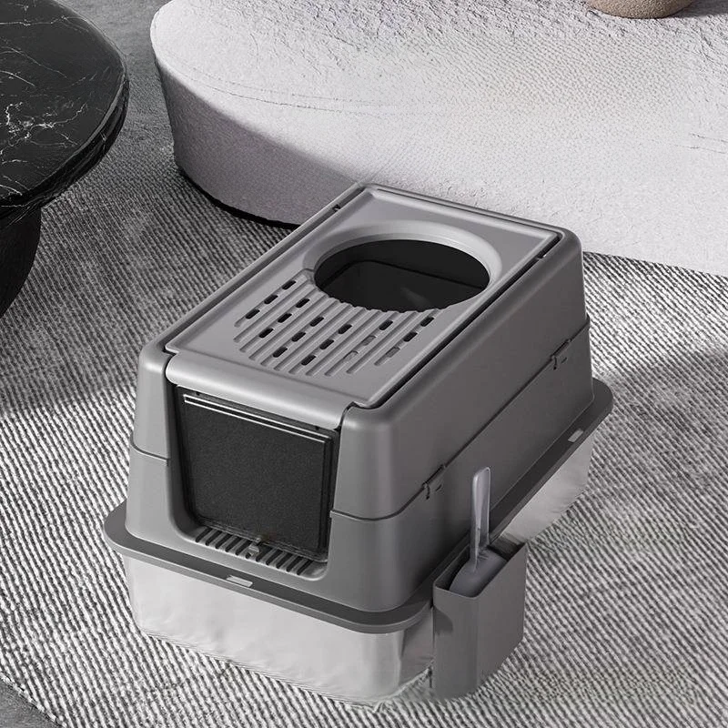 bac-a-litiere-en-acier-inoxydable-de-grande-taille-boitier-complet-entree-superieure-resistant-a-l'epreuve-du-spla-toilettes-pour-animaux-de-compagnie