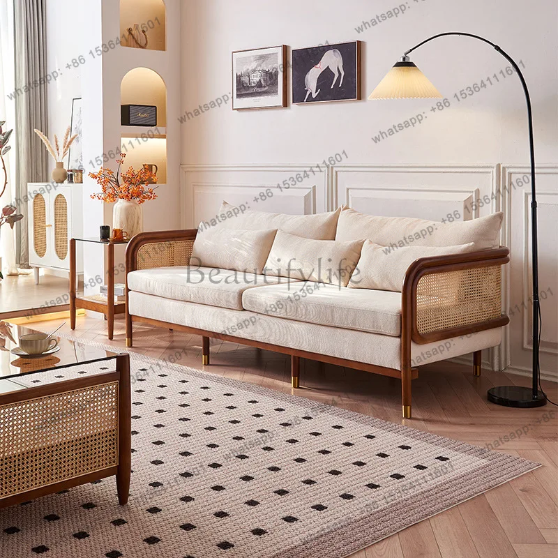 New Chinese rattan solid wood sofa wabi sandy wind fabric sponge ash wood