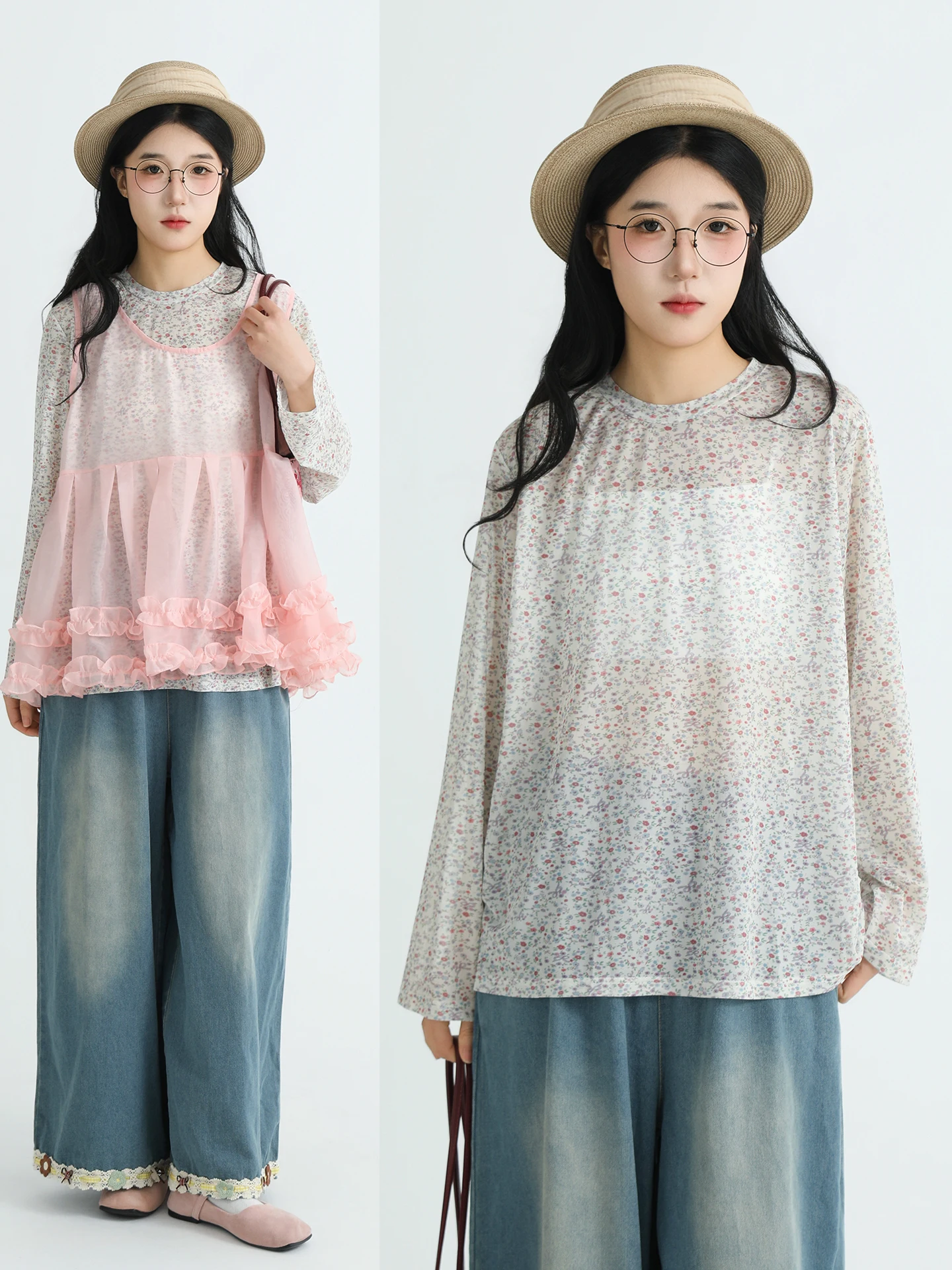 

Boeren Floral Print Loose Fit round Neck Base Shirt Women's Artistic Style Spring Cotton Long Sleeve Slimming Design Top