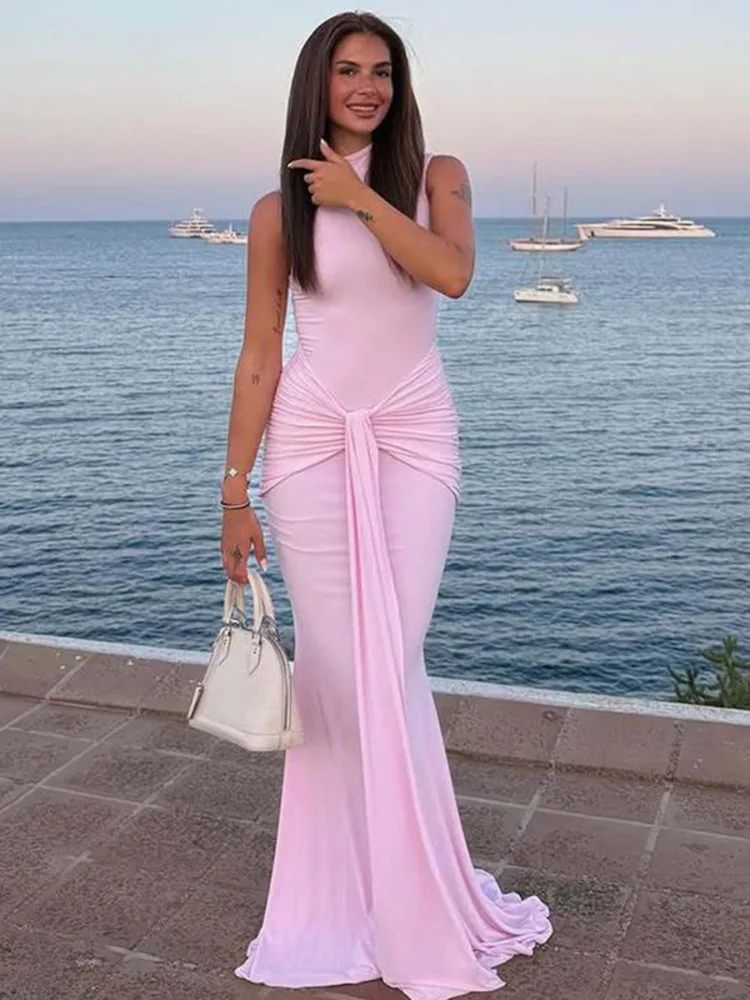 ชุดเดรสยาวเซ็กซี่แบบรัดรูป แบรนด์ XIAOTANG แบบไม่มีแขน ผ้าจับจีบ ดีไซน์เก๋ไก๋ คอสูงครึ่งตัว แฟชั่นสำหรับผู้หญิง เหมาะสำหรับงานปาร์ตี้ คลับ หรืองานกลางคืน ให้ลุคหรูหรา