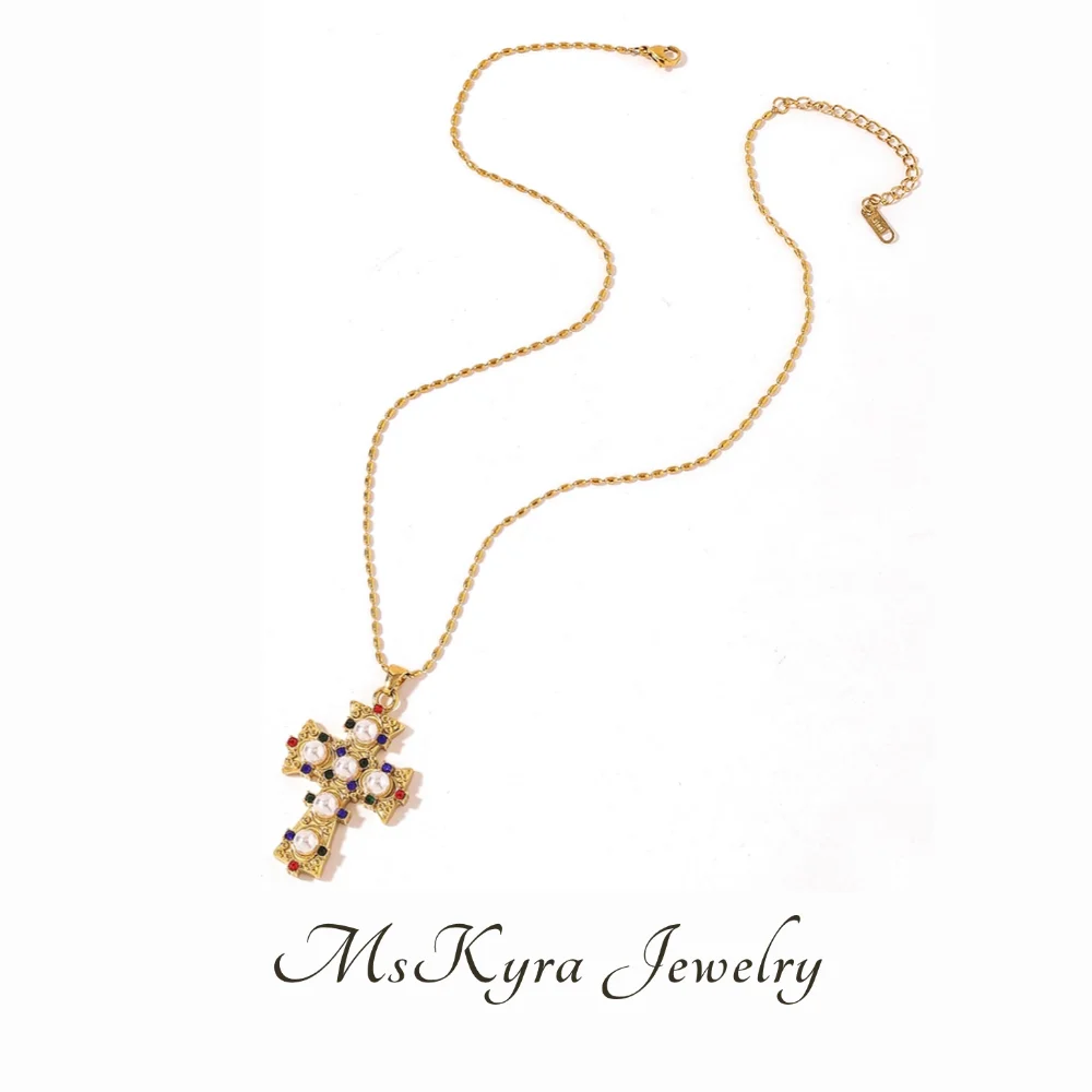 

MsKyra Stainless Steel Necklace Plated 18k Gold Color Jewelry Waterproof Pearl Zircon Stud Cross Necklace For Women Gift