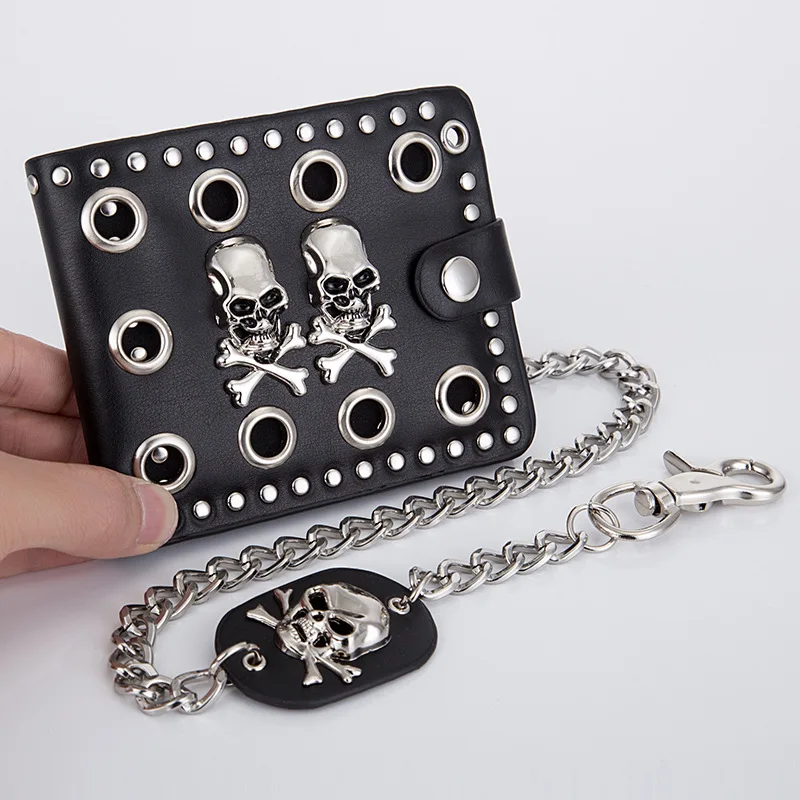 Cool Punk Gothic Western Skull Clutch Purse Retro Steam Rock PU Leather Bag Wallets With Chain For Men Women Card Holder