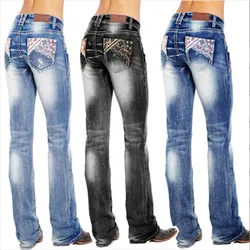Lässige gerade Hose mit hoher Taille neue heiße Verkauf Frauen gewaschene Flagge Element bestickte Jeans Hose schwarz dunkelblau hellblau