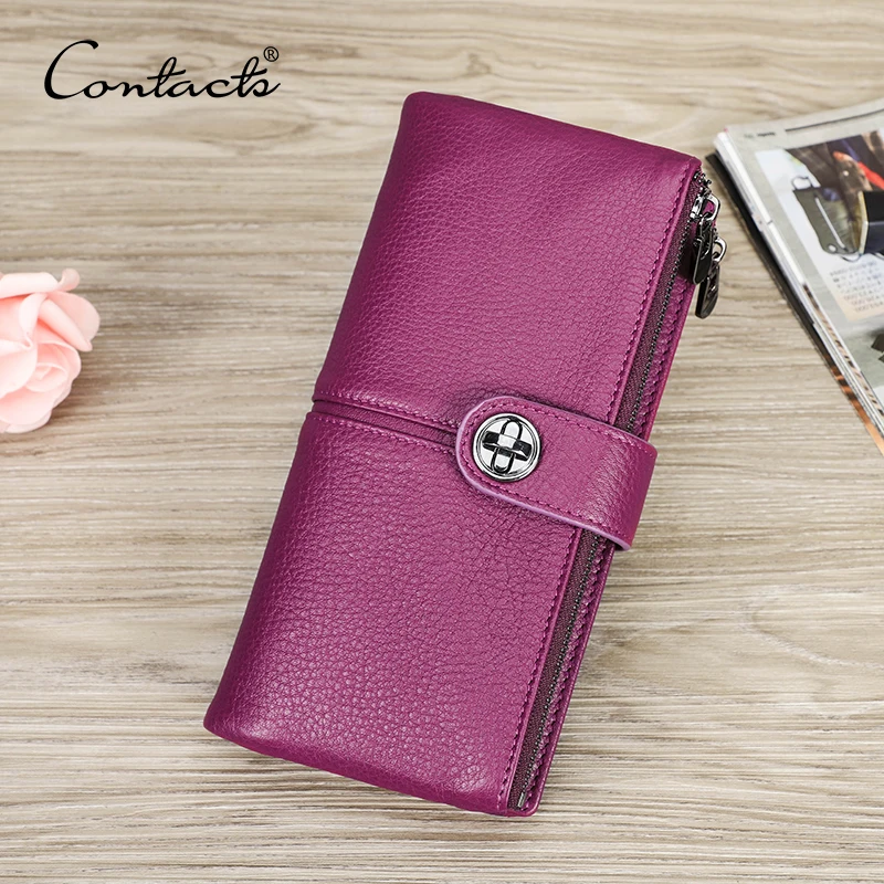 CONTACT'S Genuine Leather Long Wallets for Women Full Grain Leather AirTag Purse Card Holder Money Clip Coin Purse Clutch Wallet