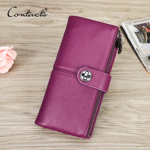 CONTACT'S Carteras largas de cuero genuino para mujer, monedero AirTag de cuero de grano completo, tarjetero, monedero con Clip para dinero, cartera de mano