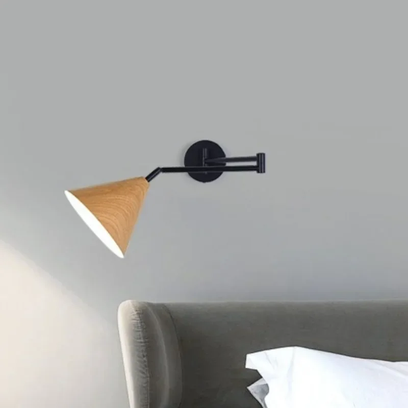 Japanese Log Bedroom Bedside Wall Lamp Simple Nordic Solid Wood Telescopic Folding Rocker Arm Retro Wood Wall Lamp