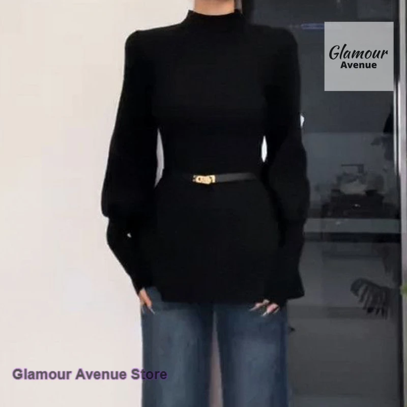 Camiseta de manga larga con cintura negra y manga acampanada de cuello alto estilo Hepburn francés, blusa ajustada a la moda de otoño e invierno para mujer.