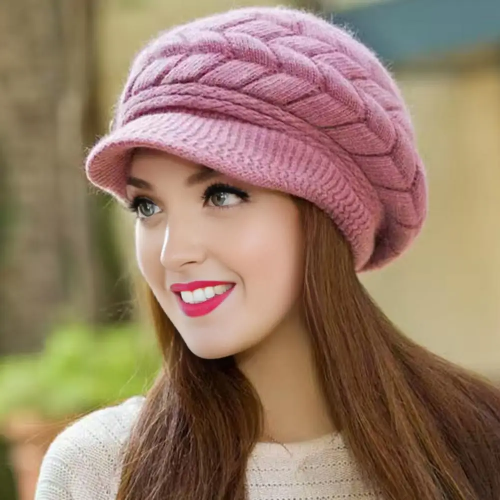 Women Winter Hat Thick Plush Knitted Short Brim Heat Retention Windproof Headgear Solid Color Commuting Outdoor Beanie